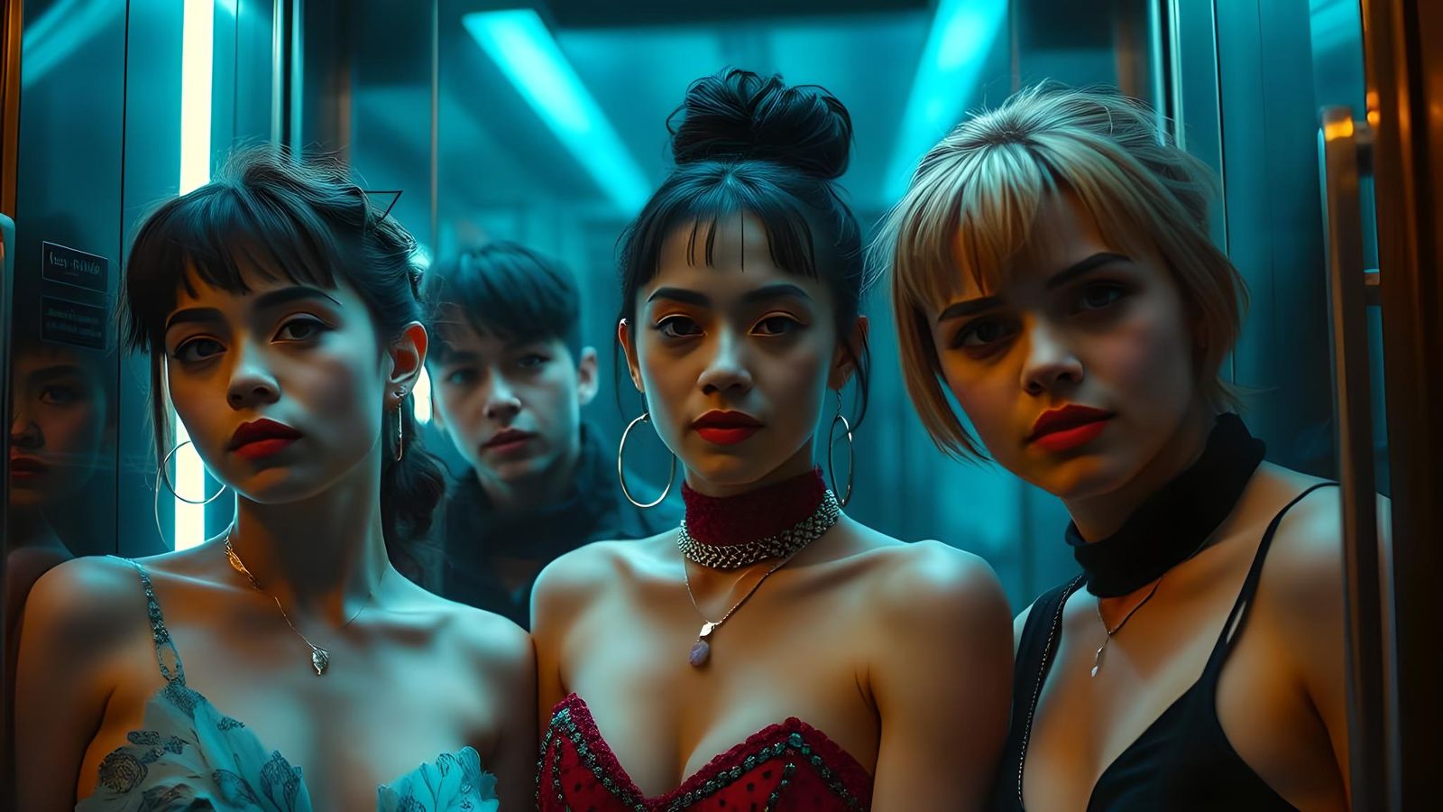 J-Pop Stars in Neo-Tokyo Elevator: Oil Painting