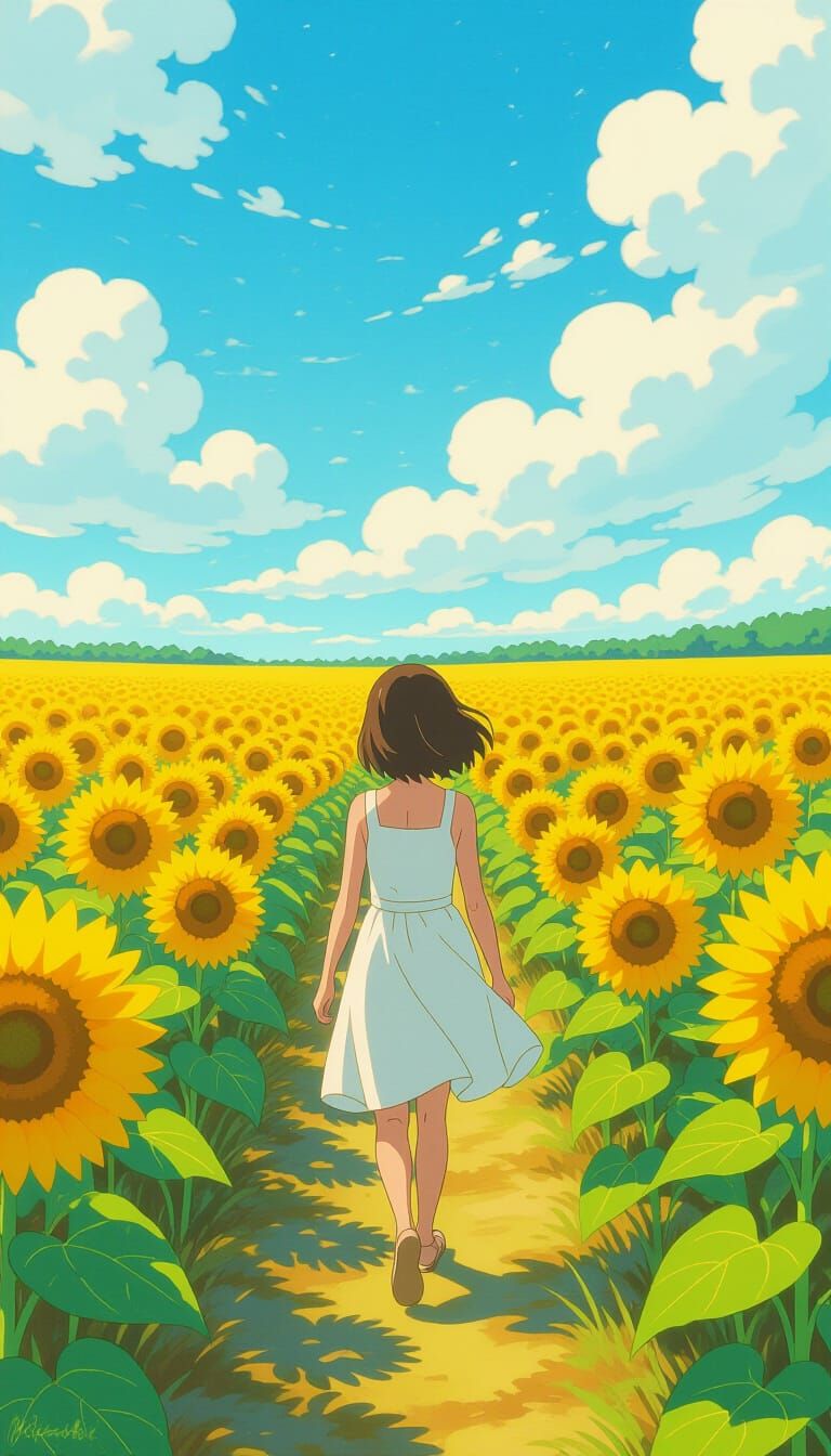Anime Girl in Sunflower Field, Wide-Angle Shot