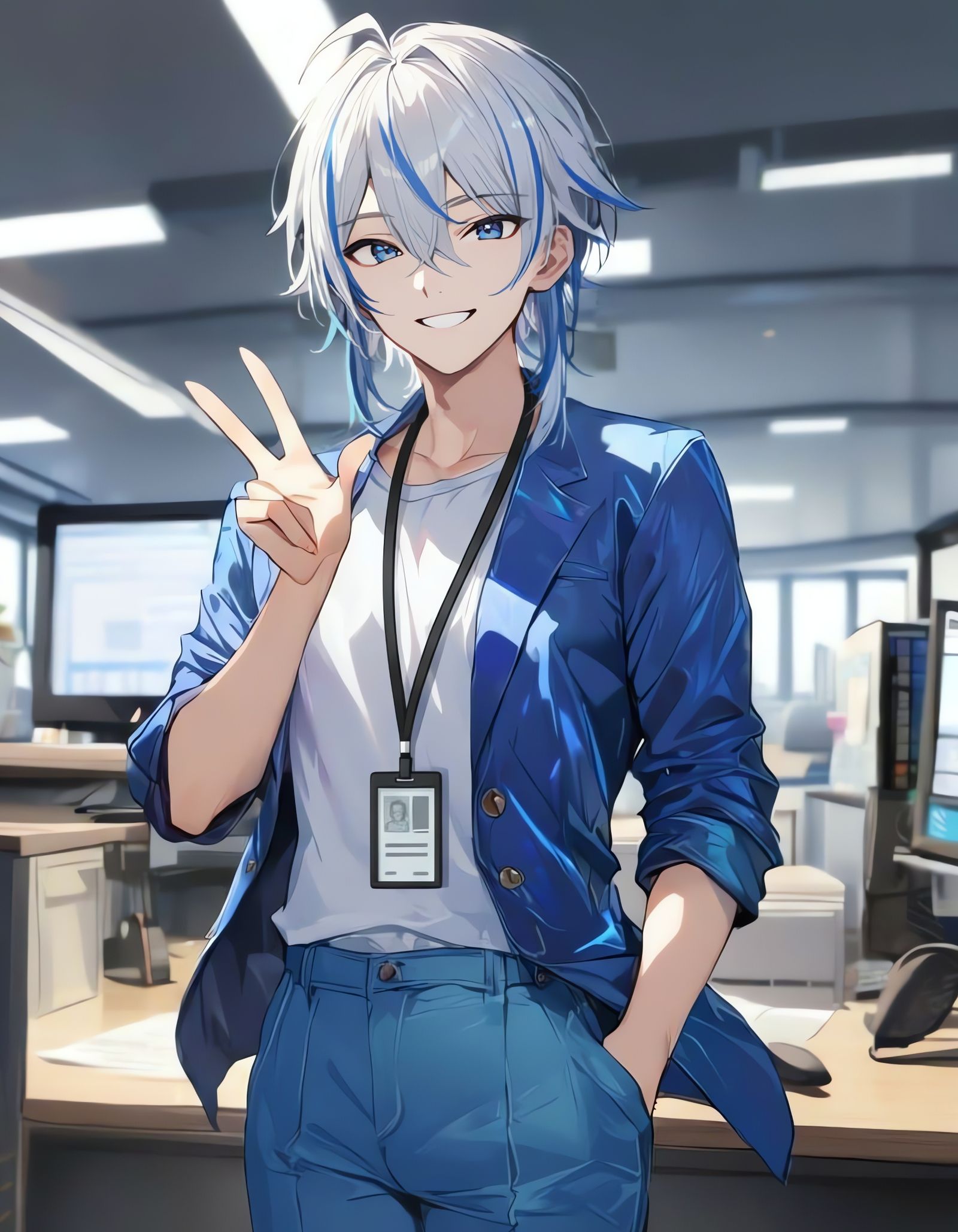 Man in Blue Jacket and Jeans with White Hair