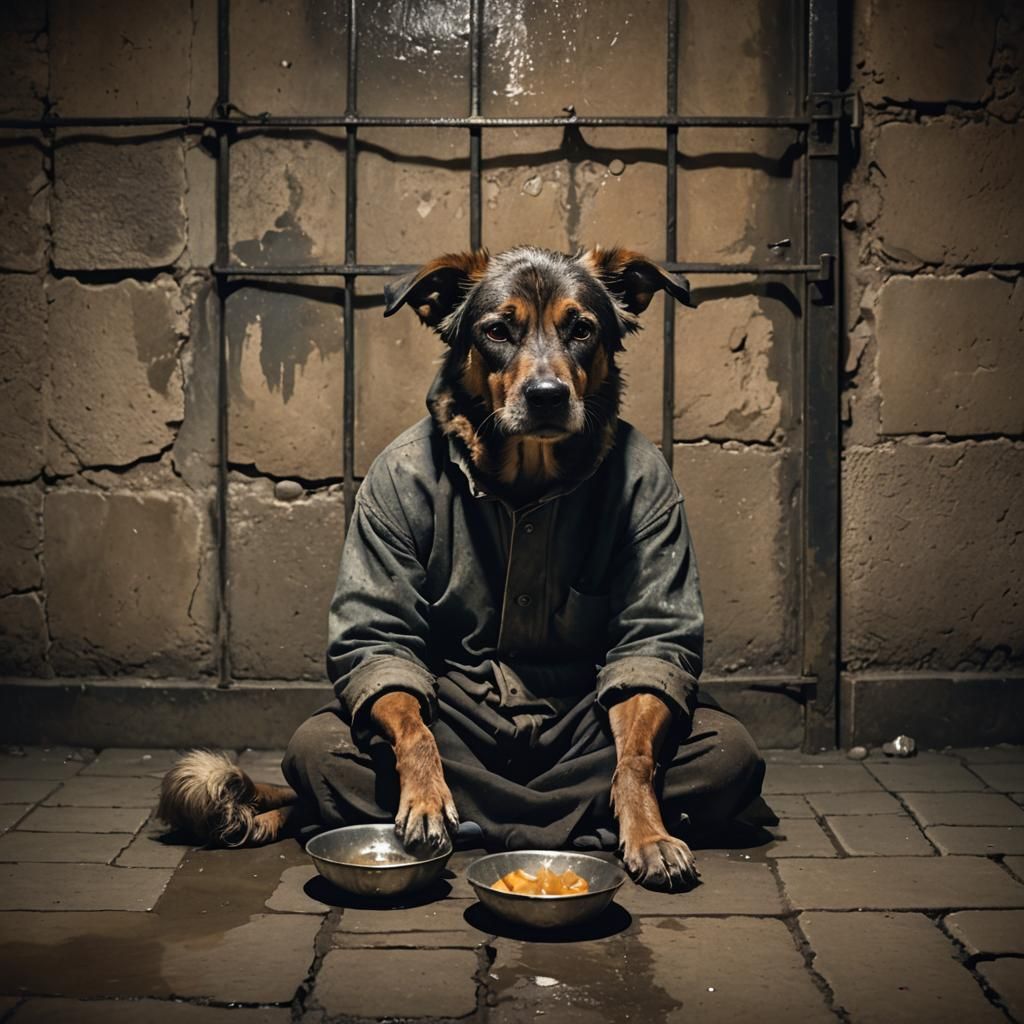 Dog-Headed Human in Dimly Lit Cell