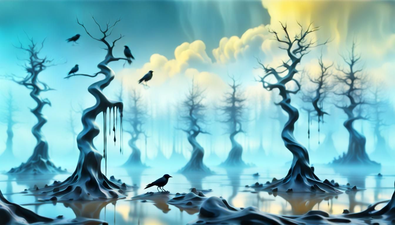 Melting Crows on Trees in Surrealist Style