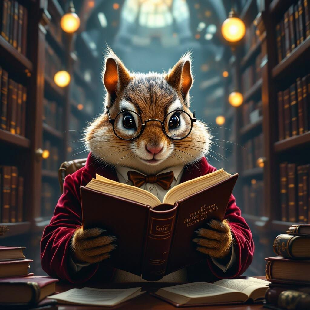 Chipmunk Scholar in Grand Library, Detailed Matte Painting
