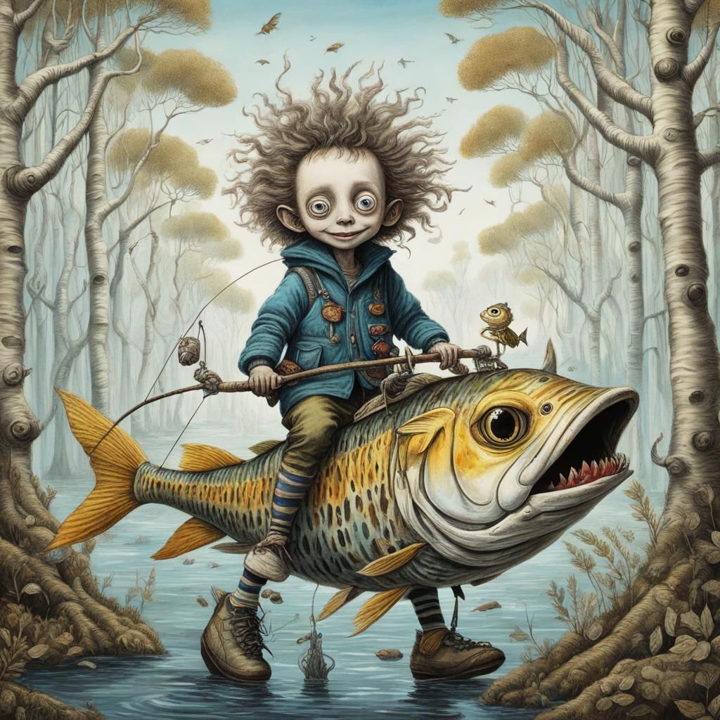 Whimsical Tim Burton Style Child Riding Zebra