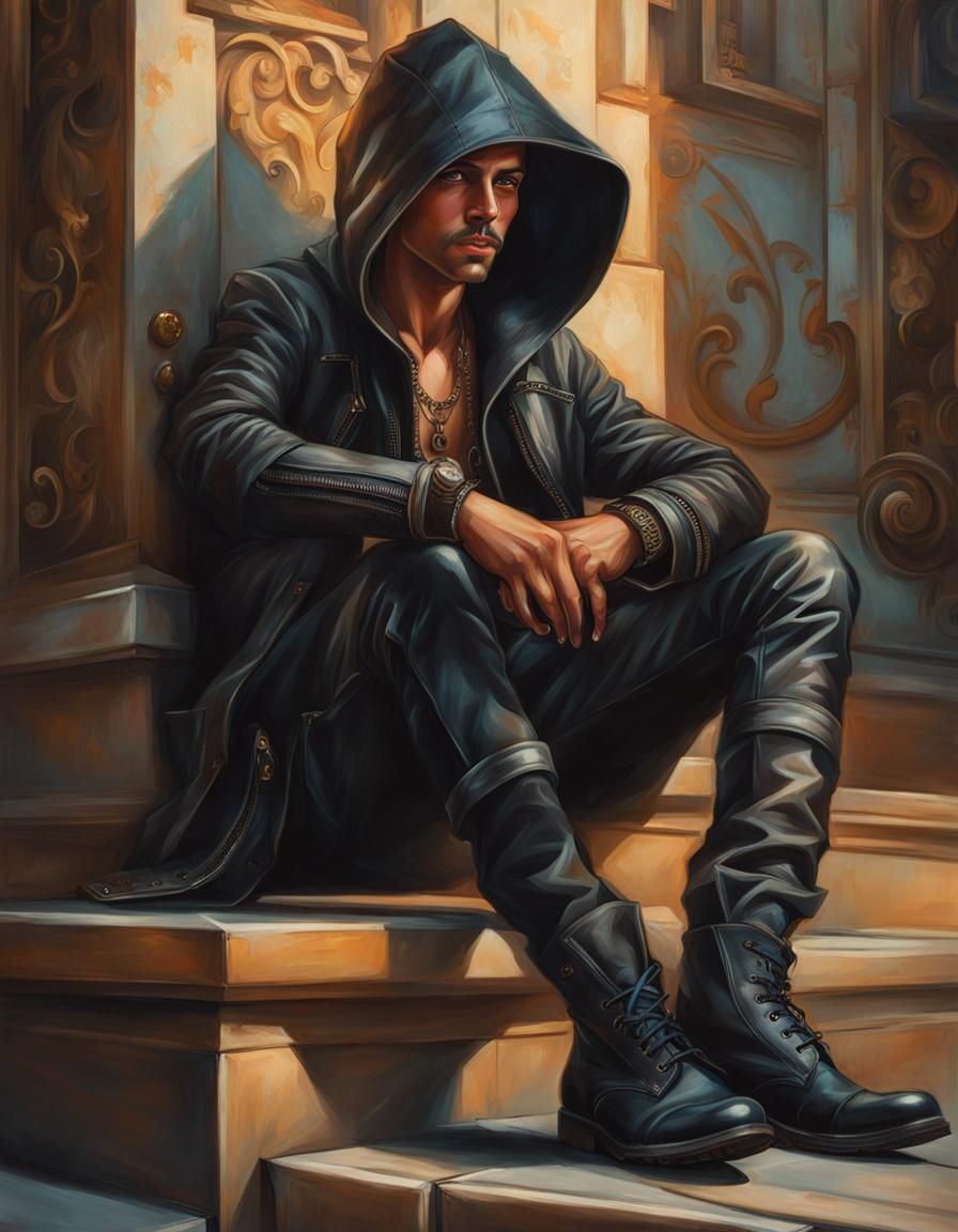 Playful Thief in Leather Hood, Fantasy Art
