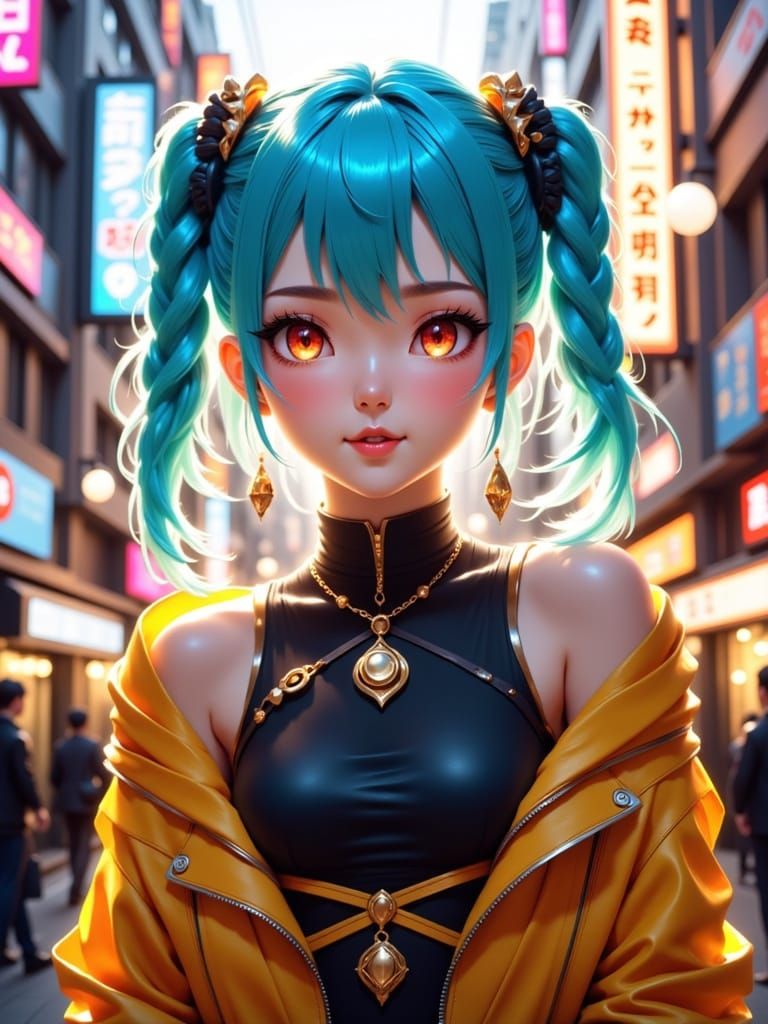 Anime Woman with Braids in Tokyo at Golden Hour