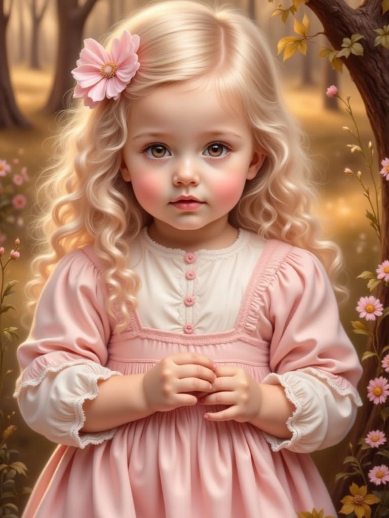 Shy Baby Girl in Prairie Dress, Spring Morning