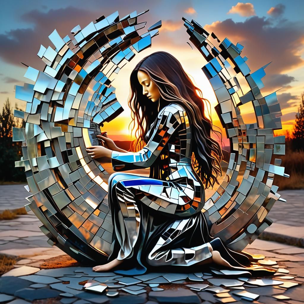 Surreal Fragmented Sculpture of Woman at Sunset