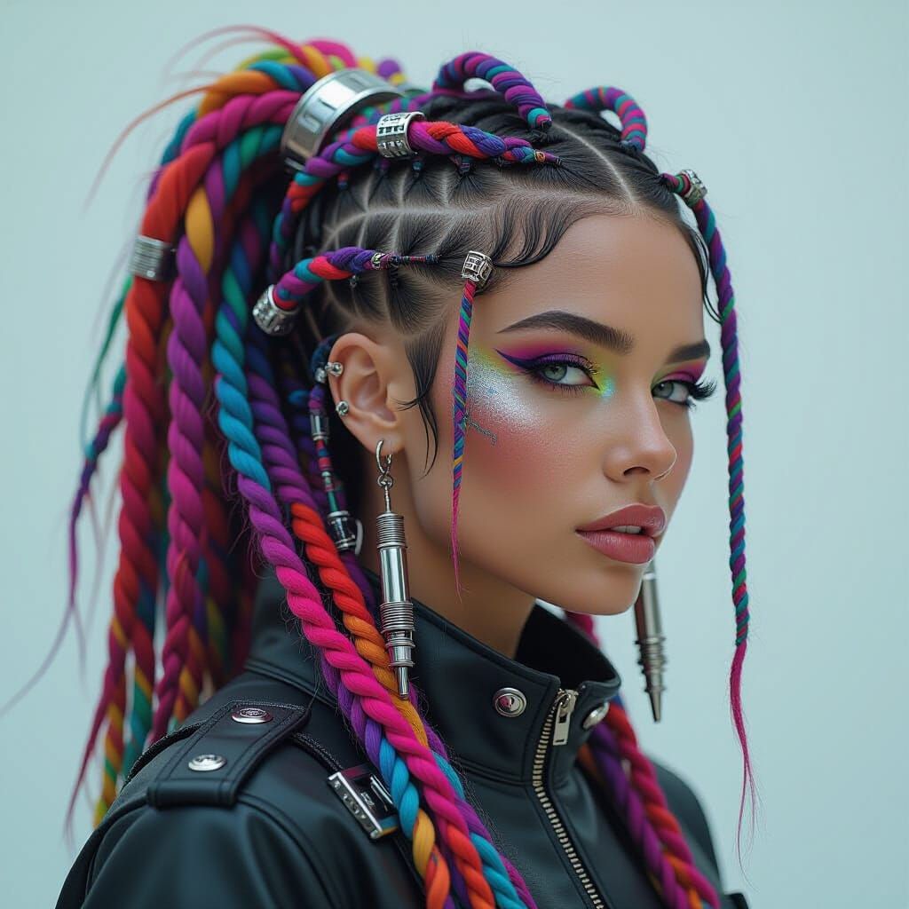 Woman with Cyberpunk Braids and Metallic Accents