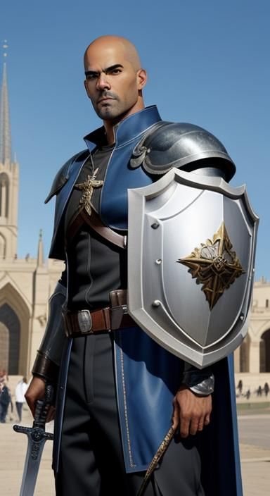 A Holy Paladin with a Long-sword, and a shield, Standing just outside a cathedral.