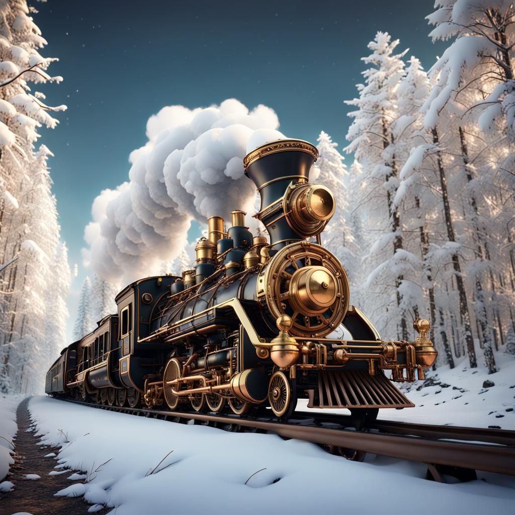 Steampunk Locomotive in Snowy Forest: Detailed Matte Paintin...