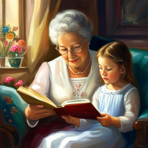 Ethereal Grandma Watching Over Family, Oil Painting