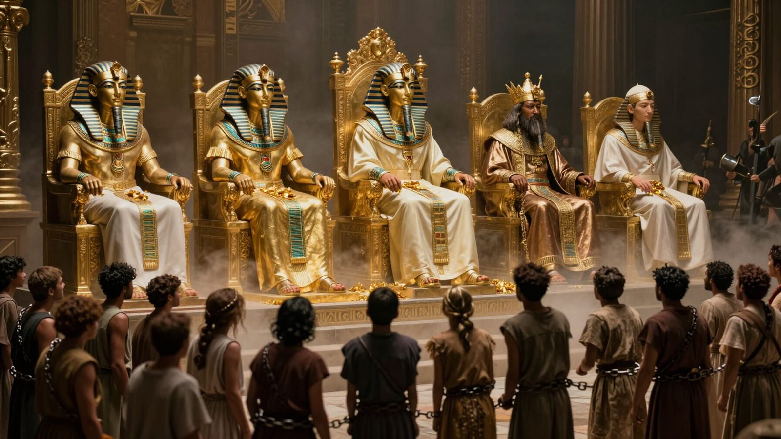 Dystopian Rulers on Gold Thrones Oppressing Citizens