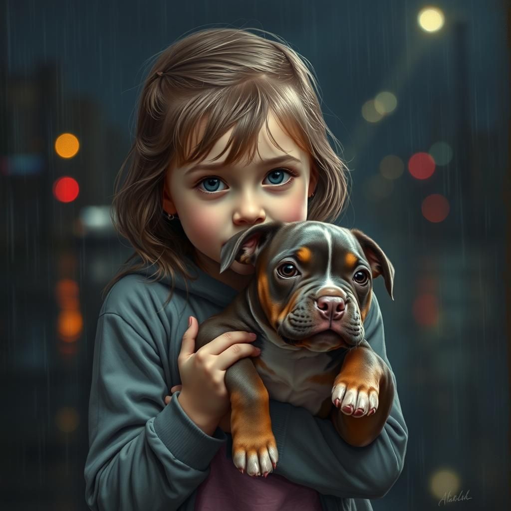 Painterly Portrait: Girl with Puppy in Rain