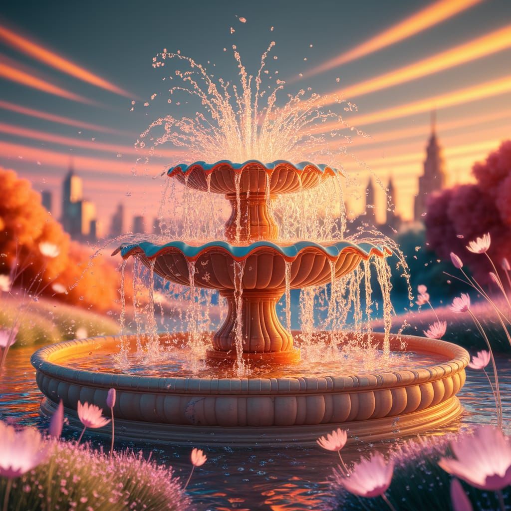 Liquid Light Fountain in Surreal Landscape
