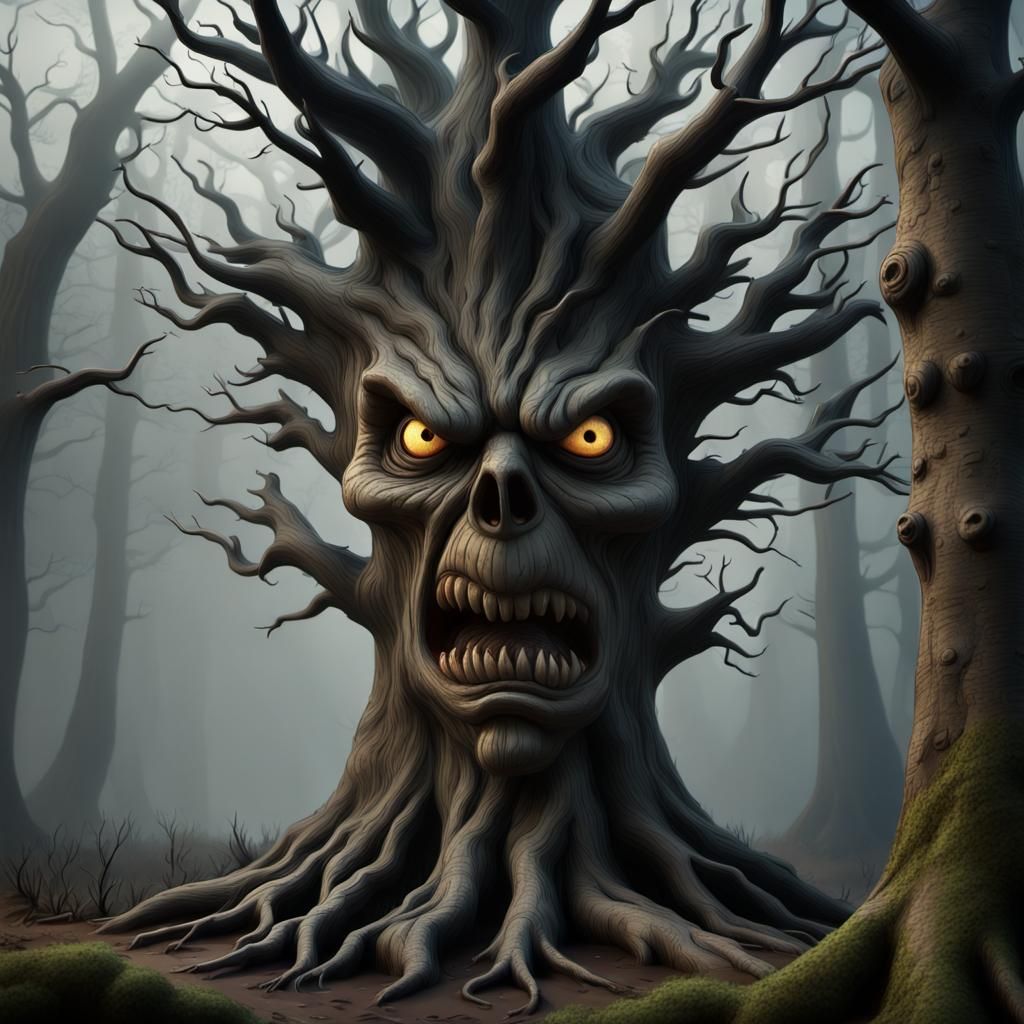 Fierce Evil Tree in Spooky Forest, Impasto Oil Painting