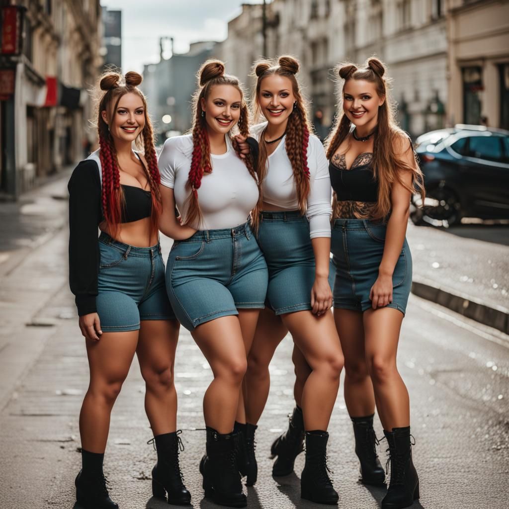 Smiling Collage Girls Posing on City Street