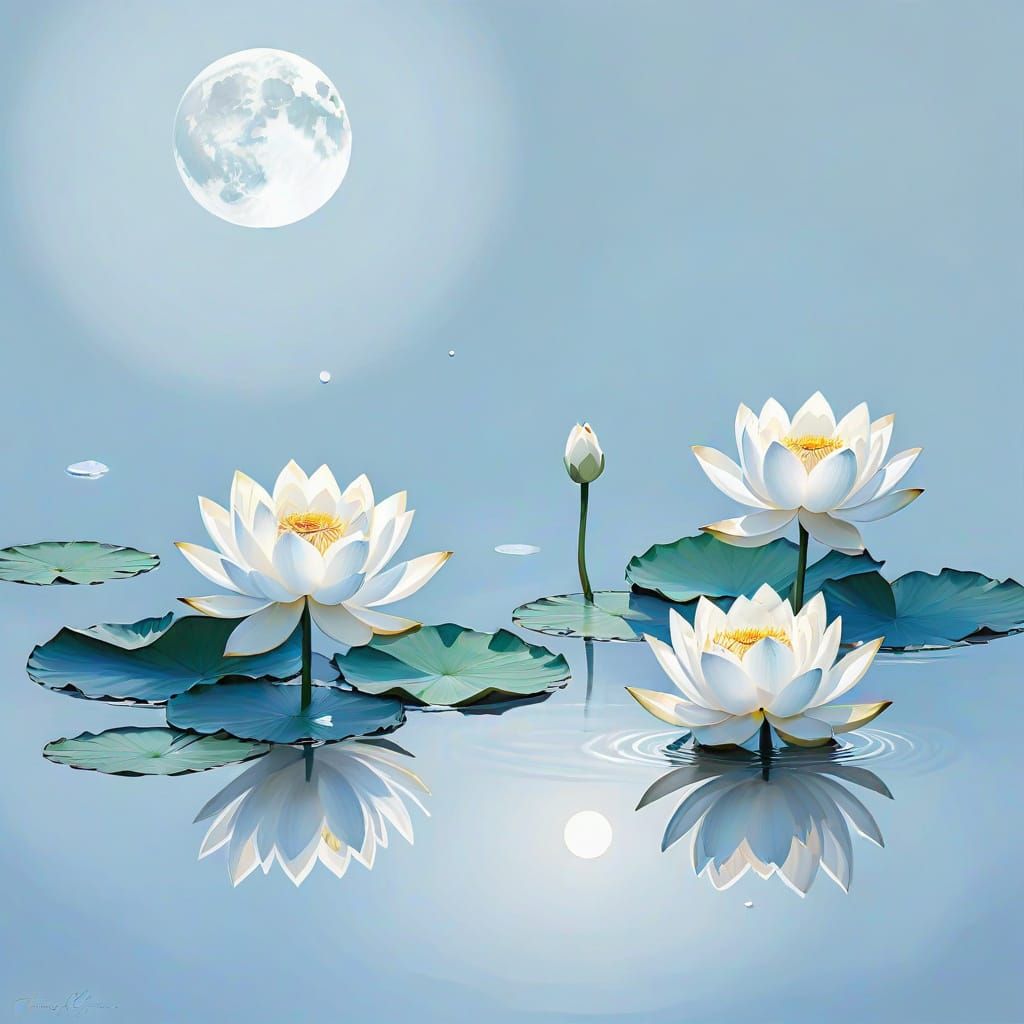 Impressionistic White Lotus Blooms on Reflective Water
