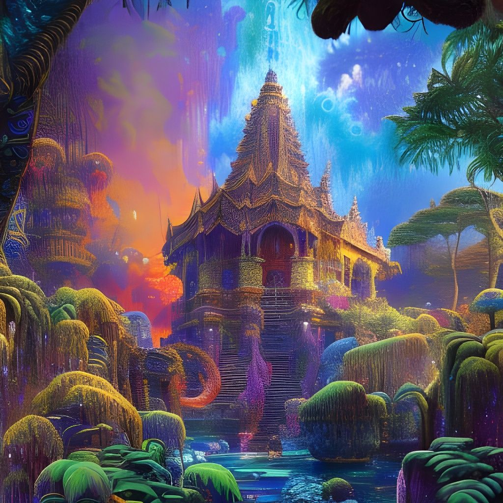 Vibrant Crayon Drawing of Jungle Temple Ruins