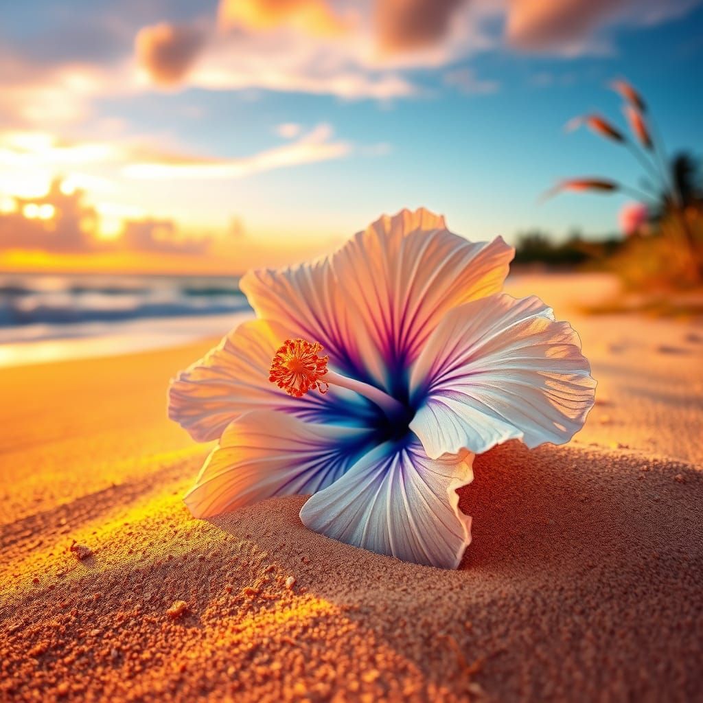 Ethereal Paradise Beach Sunset with Hibiscus Flower