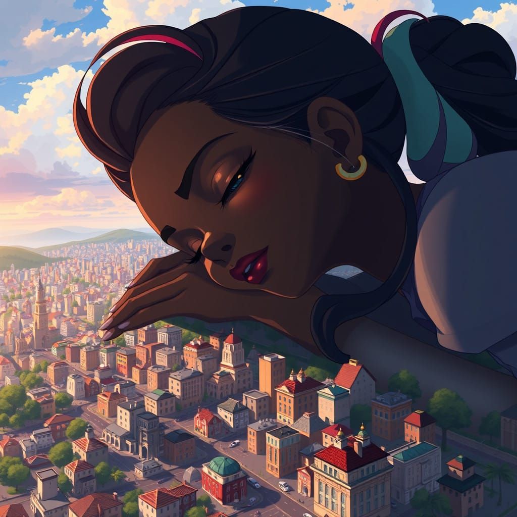 Giantess in Serene Anime Cityscape