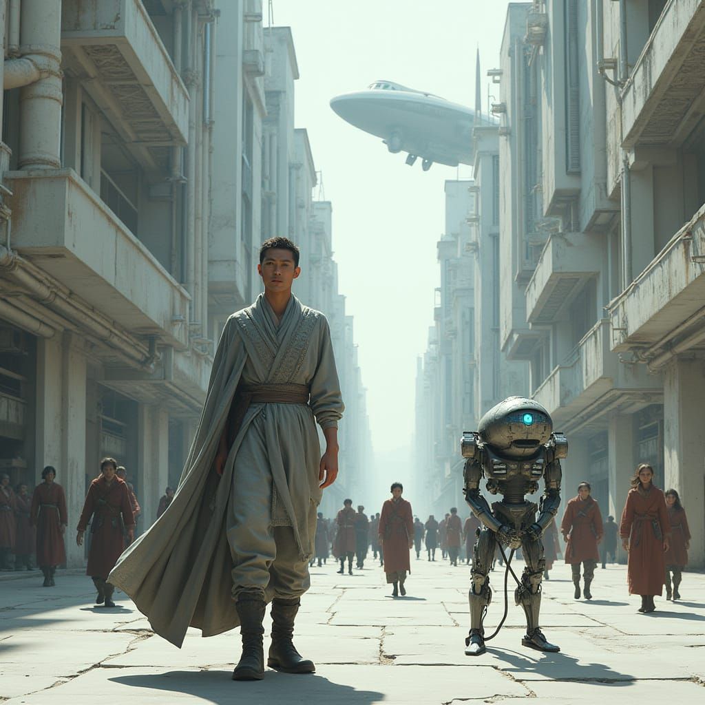 Asian Man in Futuristic Street Scene with Intricate Architec...