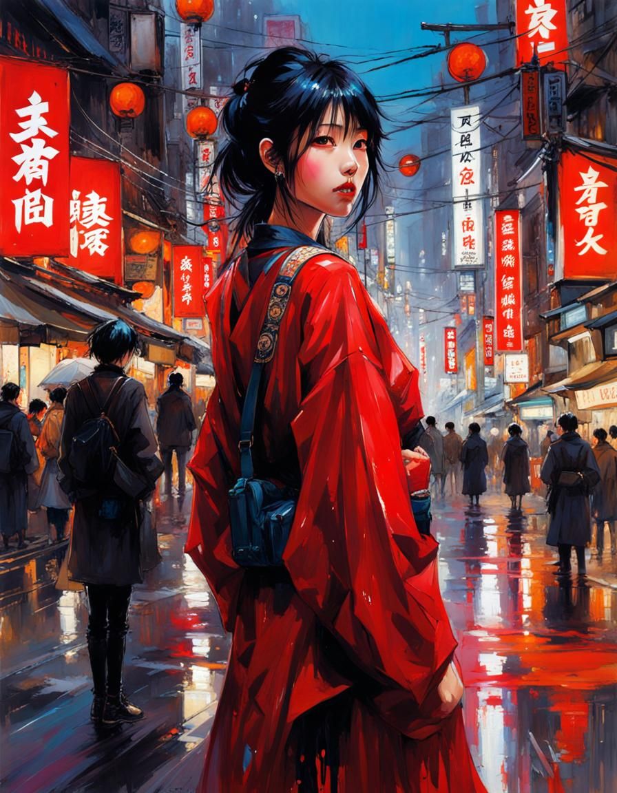 Beautiful Japanese Girl in Tokyo Street, Splash Art
