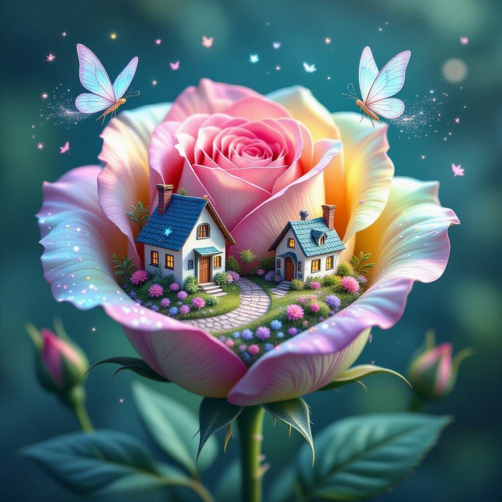 Magical Tiny Village Inside a Giant Rainbow Rose