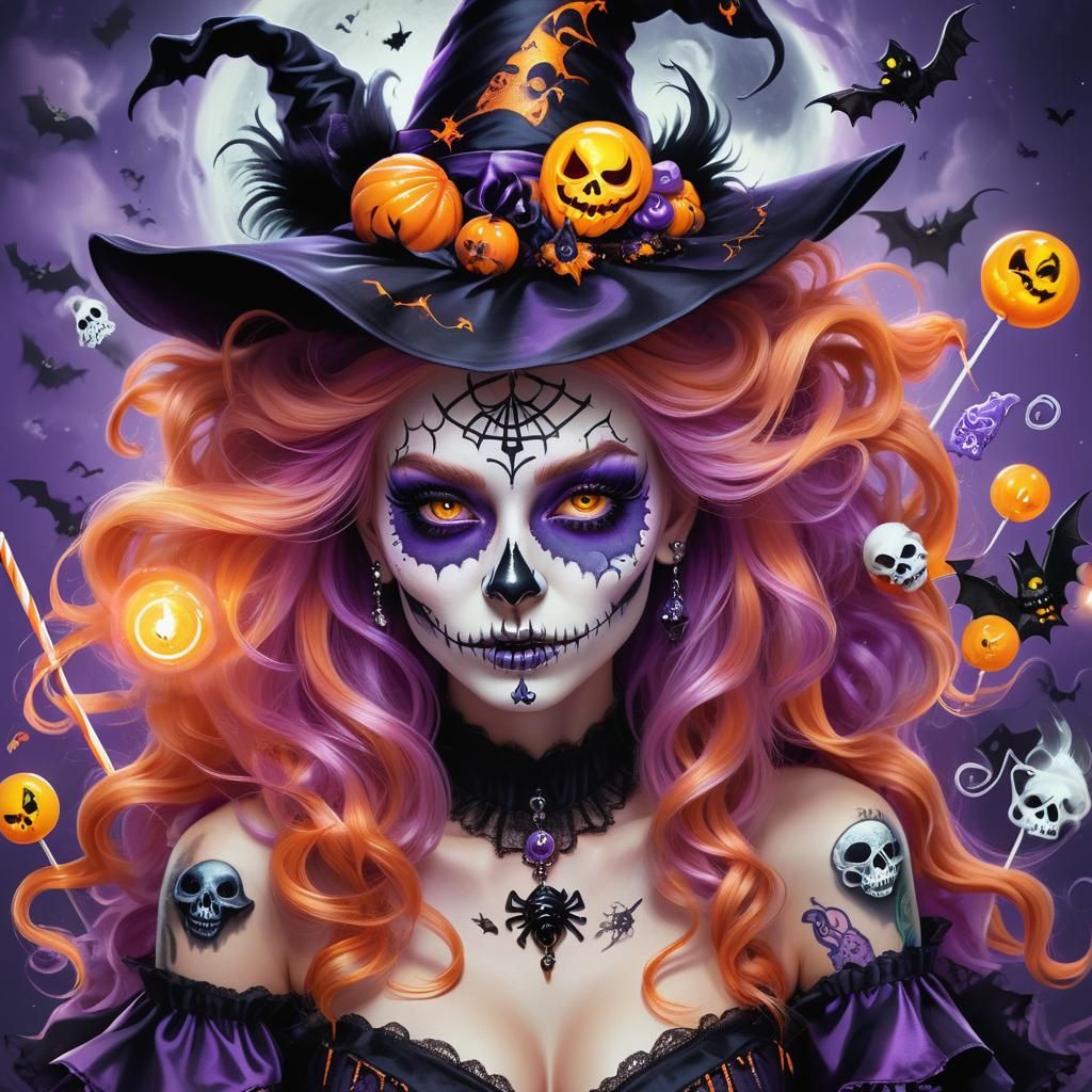 Halloween Witch with Skull Lollipop in Hyperrealistic Style