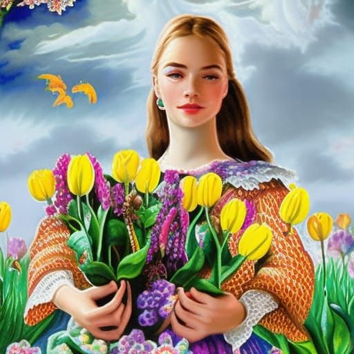 Dutch Girl in Tulips Field: Hyperdetailed Fantasy Art