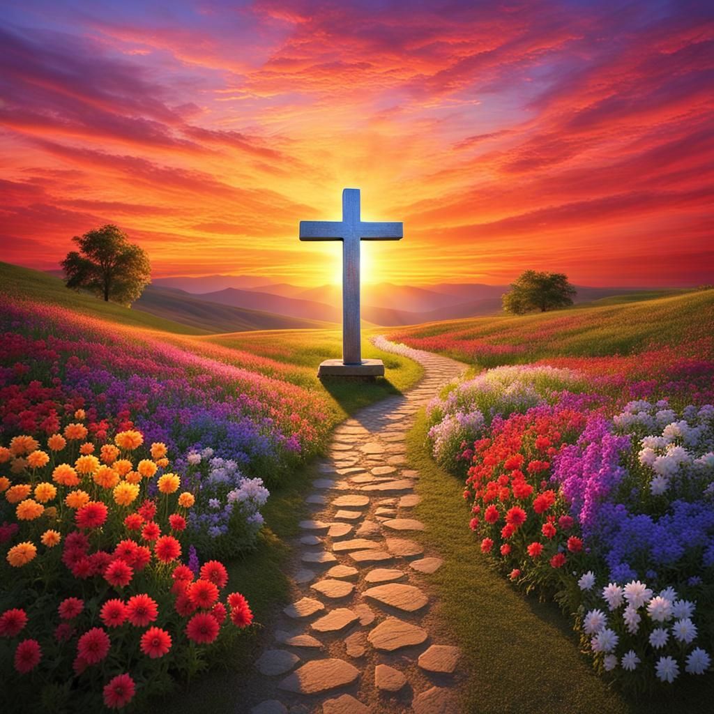 Cross at Sunrise with Flowers: Hyperrealistic Image