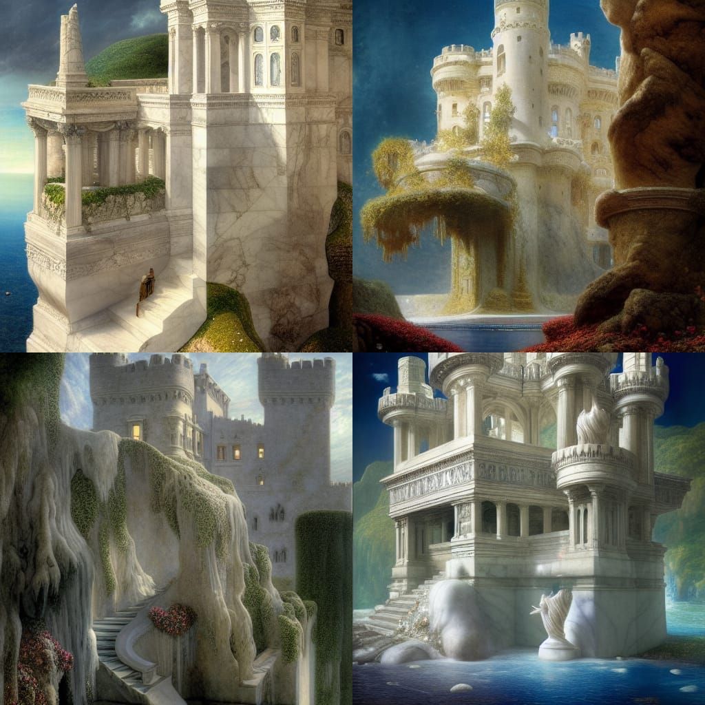 Fairytale Marble Castle on Cliffside, Alma-Tadema Style