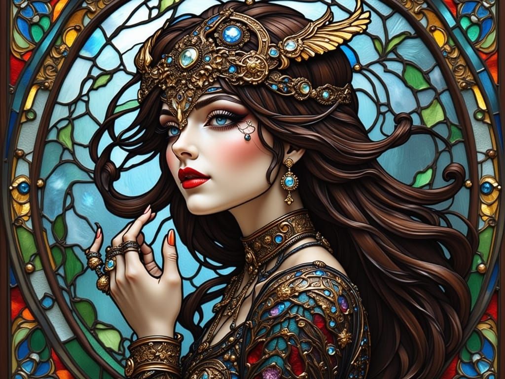 Tiefling Teasing Tabby Cat in Stained Glass Style