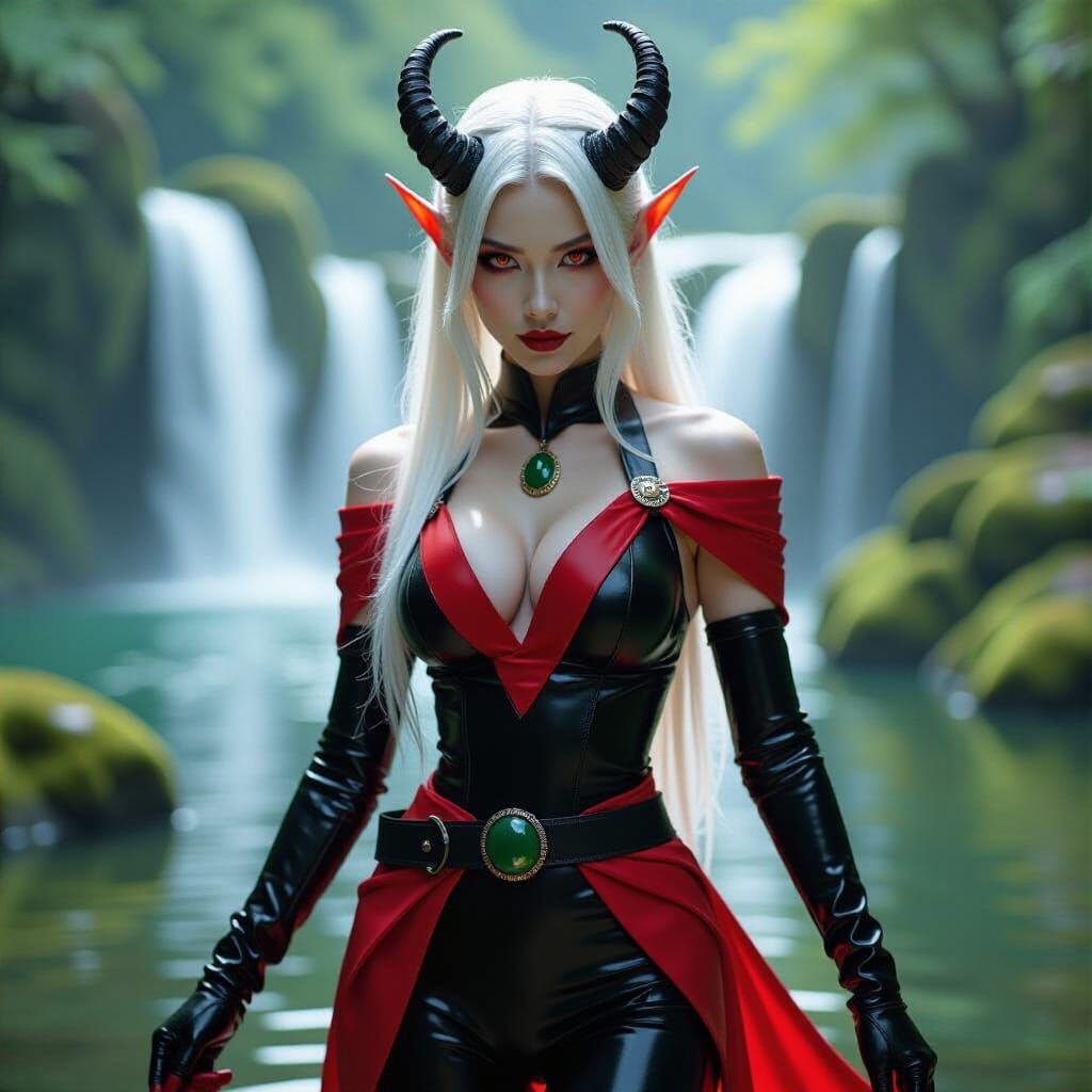 Tiefling with Asian Features in Sleek Latex Suit