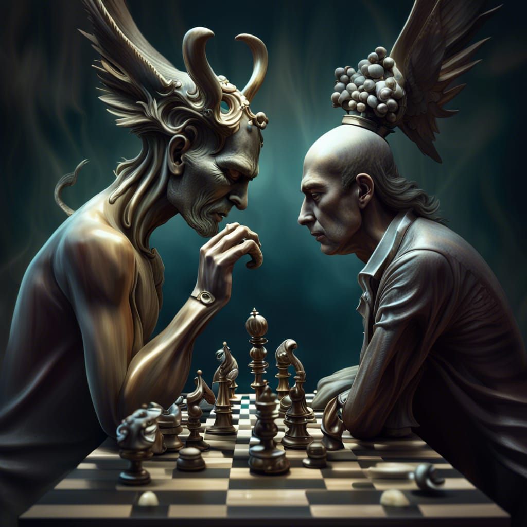 An Angel and a Demon are playing a tense game of Chess inside a man’s head using his thoughts as chess pieces