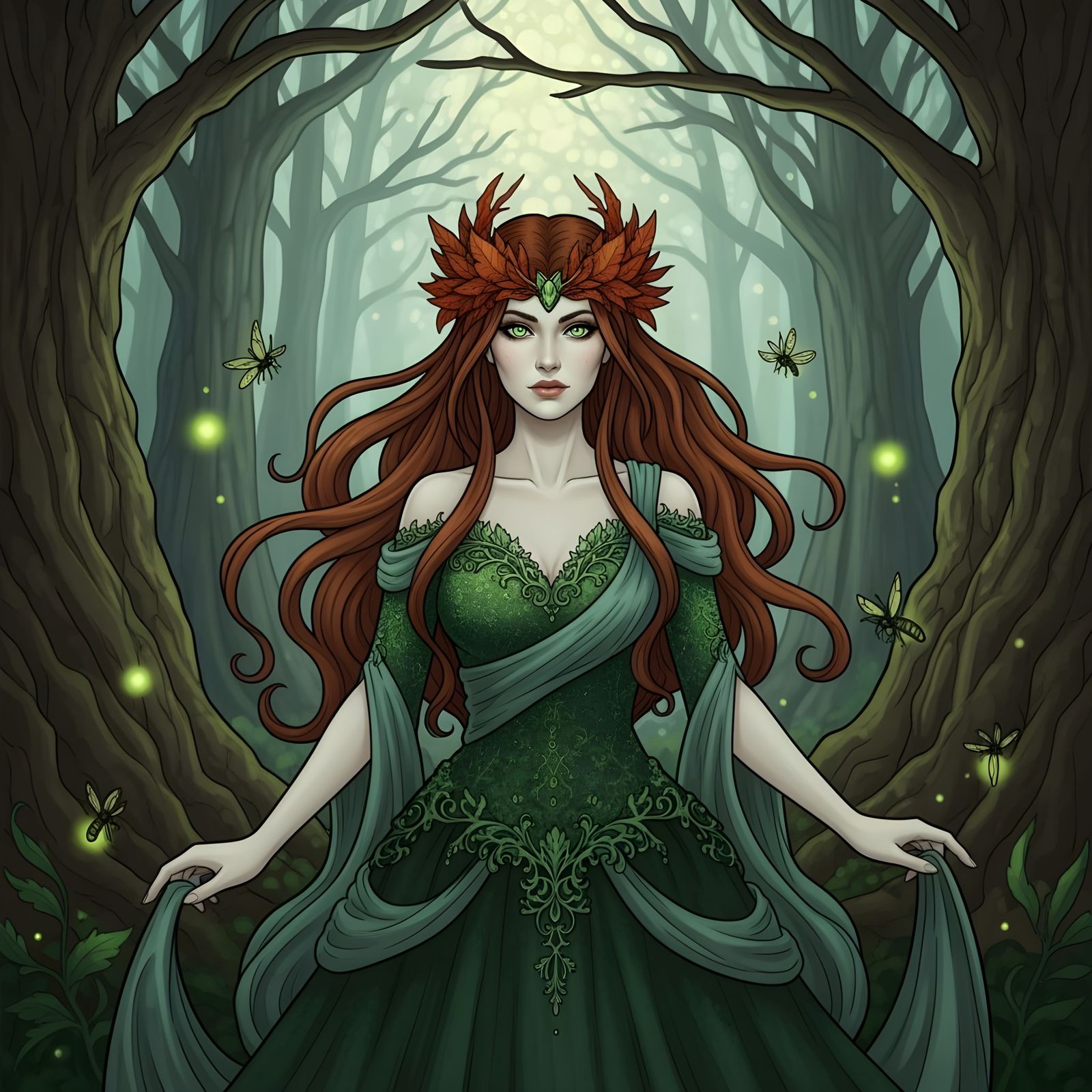 Forest Witch with Emerald Eyes in Gothic Style