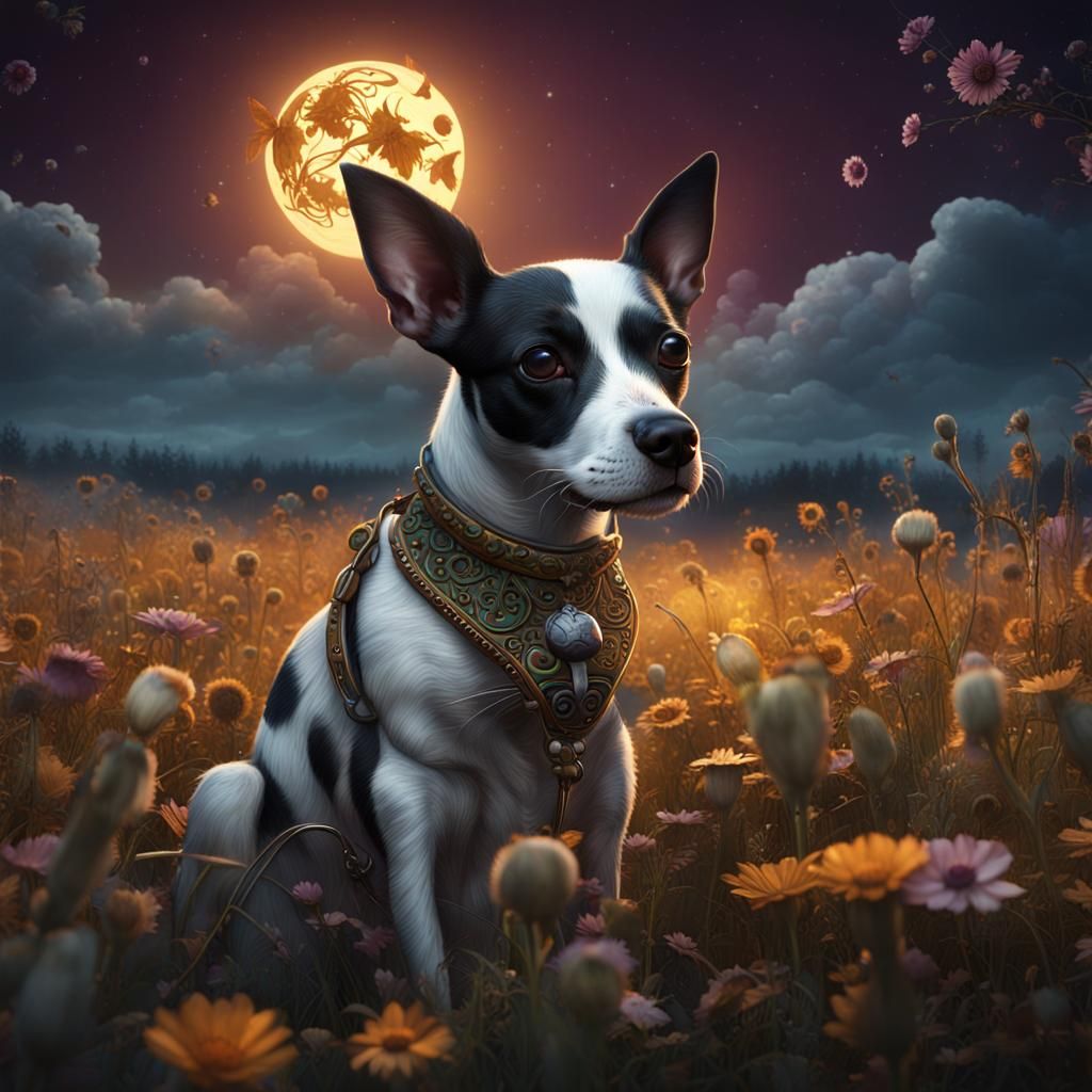 Sugar Skull Dogs in Moonlit Field: Fantasy Art