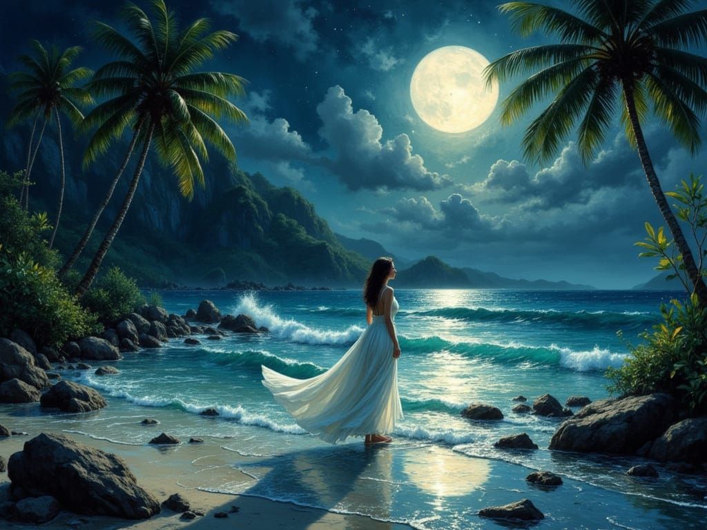 Midnight Cove Landscape with Woman in Ethereal Style