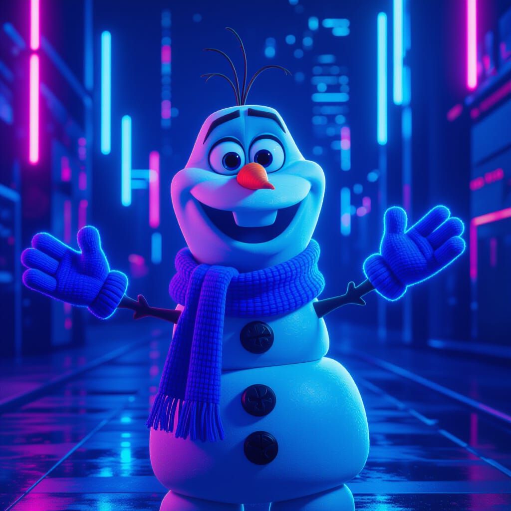 Olaf Embraces Neon in Retro-Futuristic Style