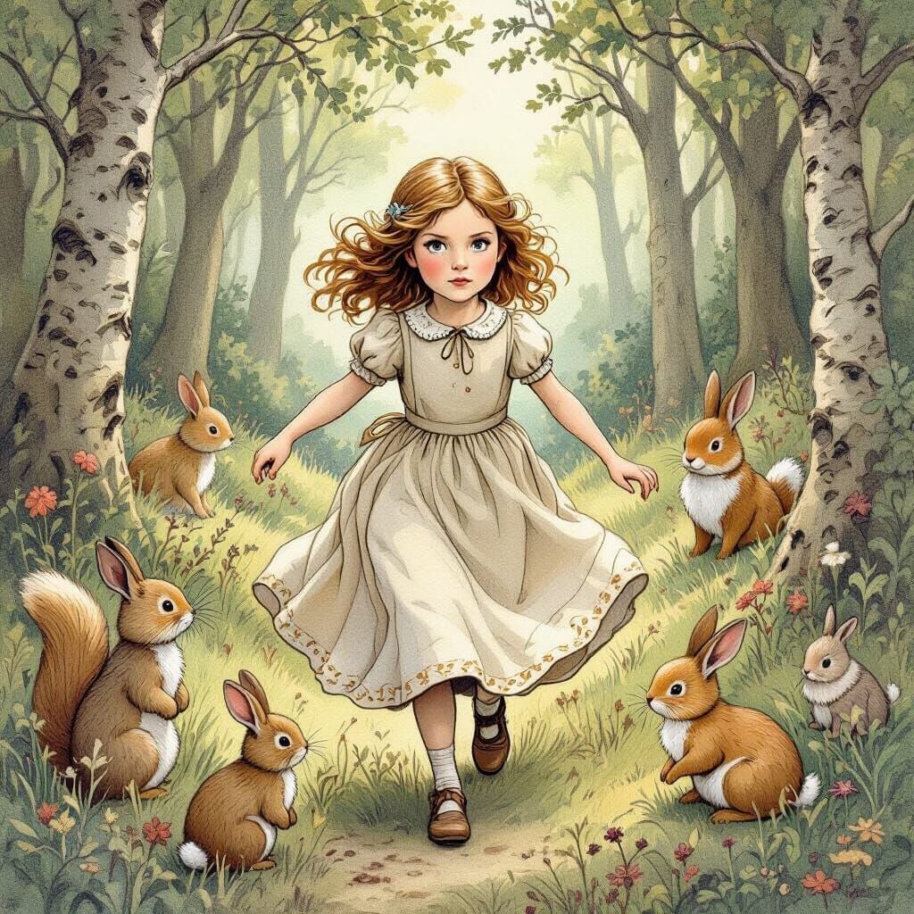 Determined Girl's Forest Adventure in Storybook Style