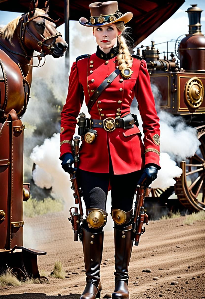 Steampunk Victorian Mountie with Steam-Powered Wagon