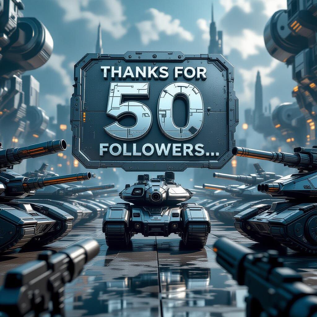 Sci-Fi Tanks Surround 'Thanks for 50 Followers' Sign