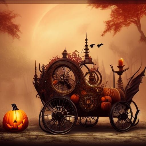 Spooky Steampunk Pumpkin Carriage in Detailed Matte Painting
