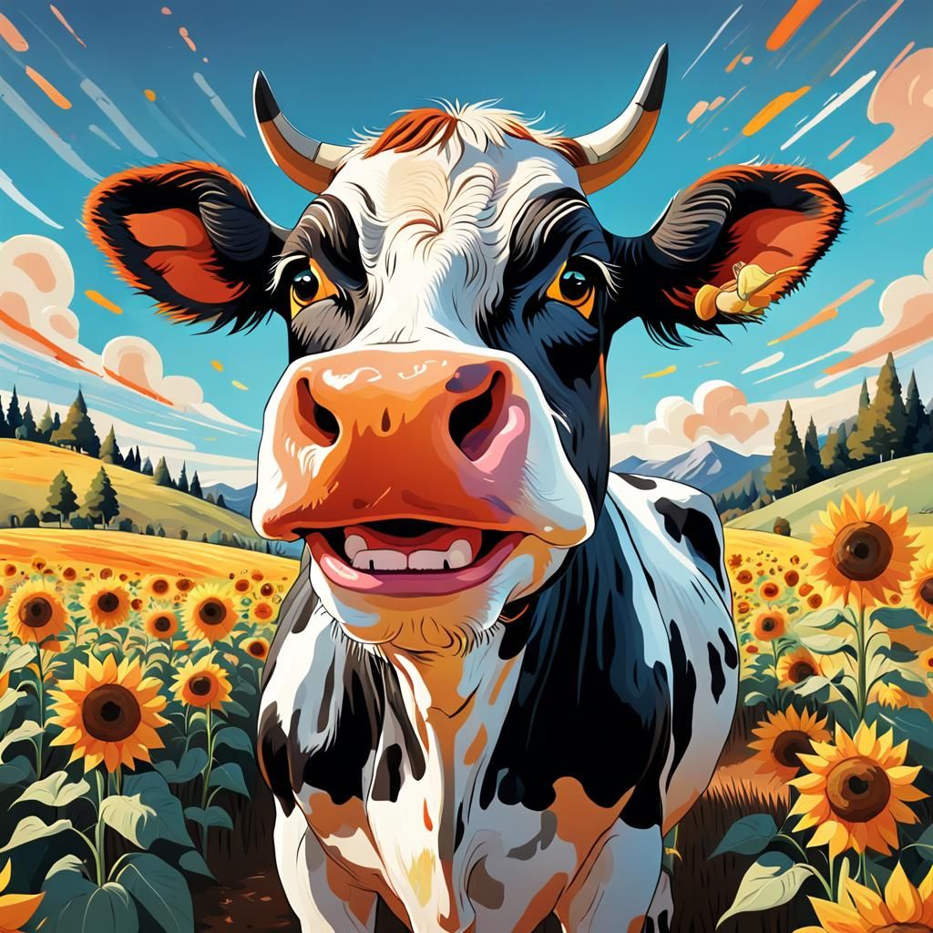 Laughing Supernatural Cow in Naive Art Style