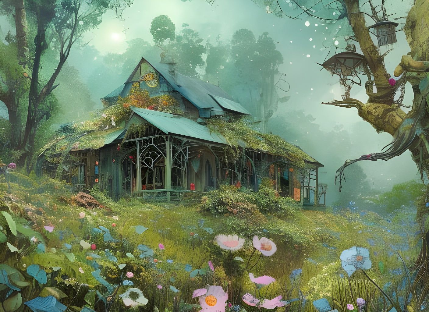 Detailed Forest Shack Watercolor Splash Art