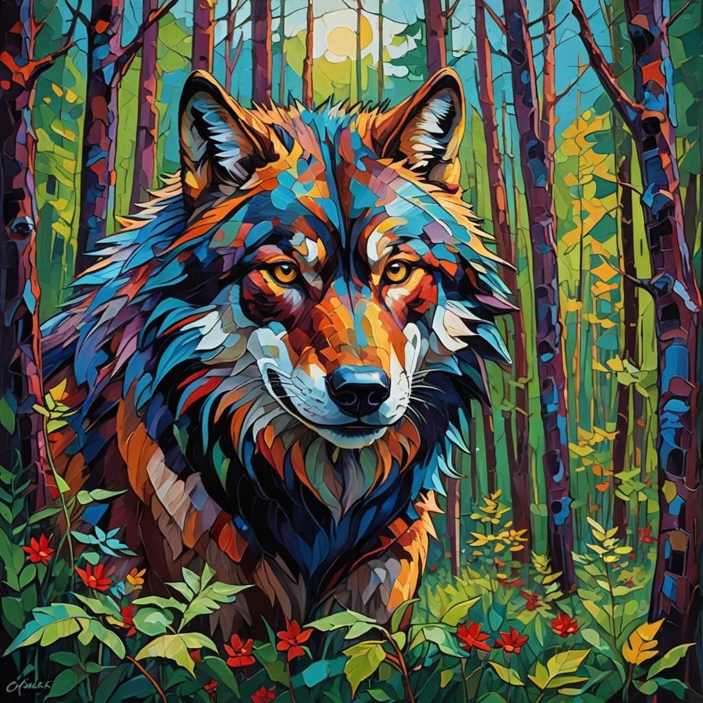 Tribal Wolf Impasto Painting in Vibrant Colors