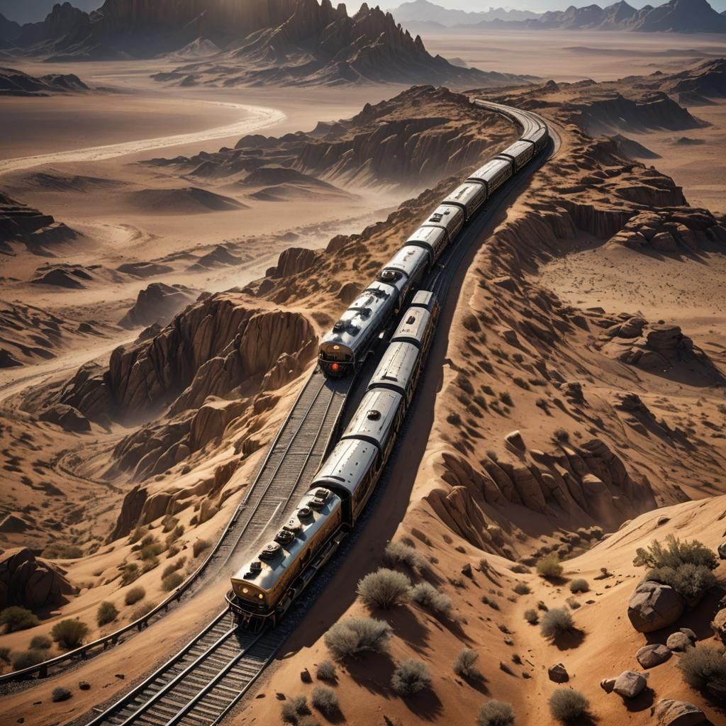 Golden Train Winds Through Desert: Fantasy Concept Art