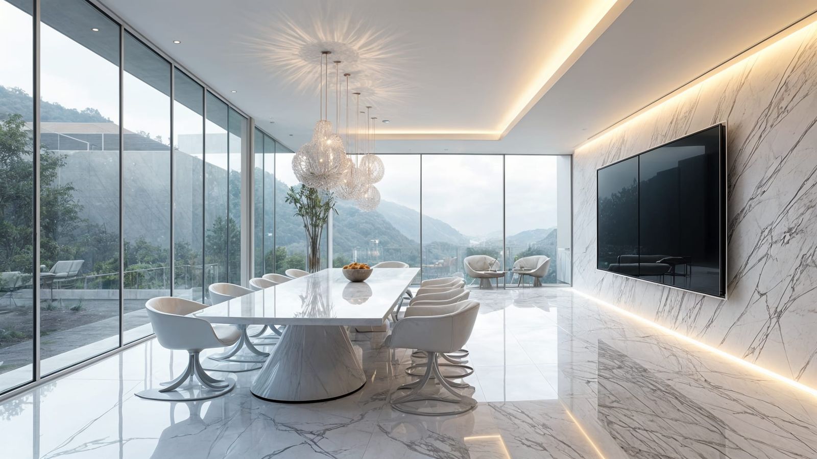 Neo-Futuristic Dining Room with Garden View and Smart Lighti...