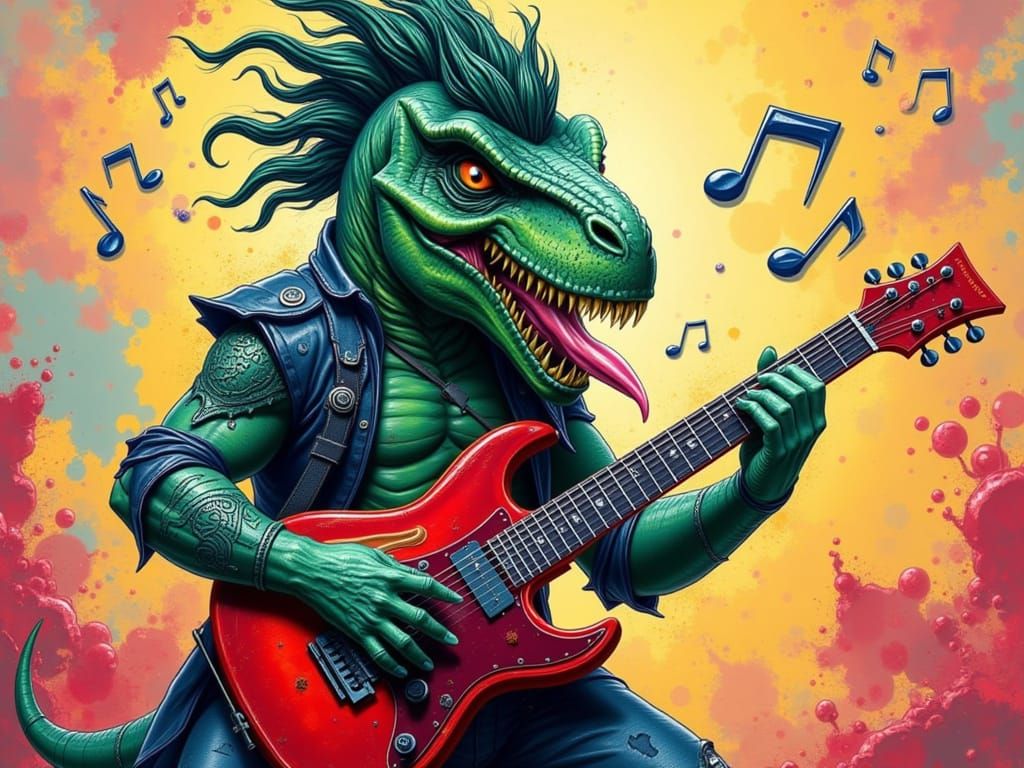 T-Rex Rock God in Humorous Splash Art Style