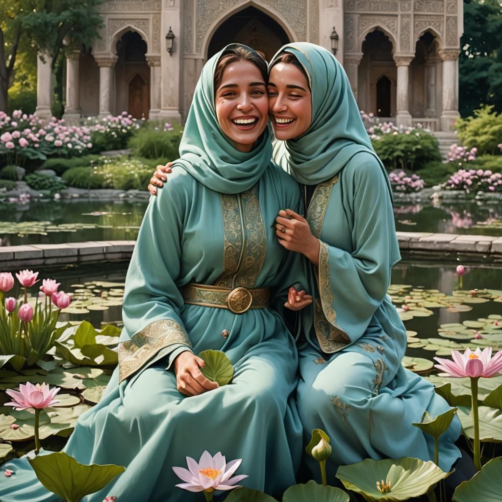 Happy Muslim Mother and Daughter Near Lily Pond