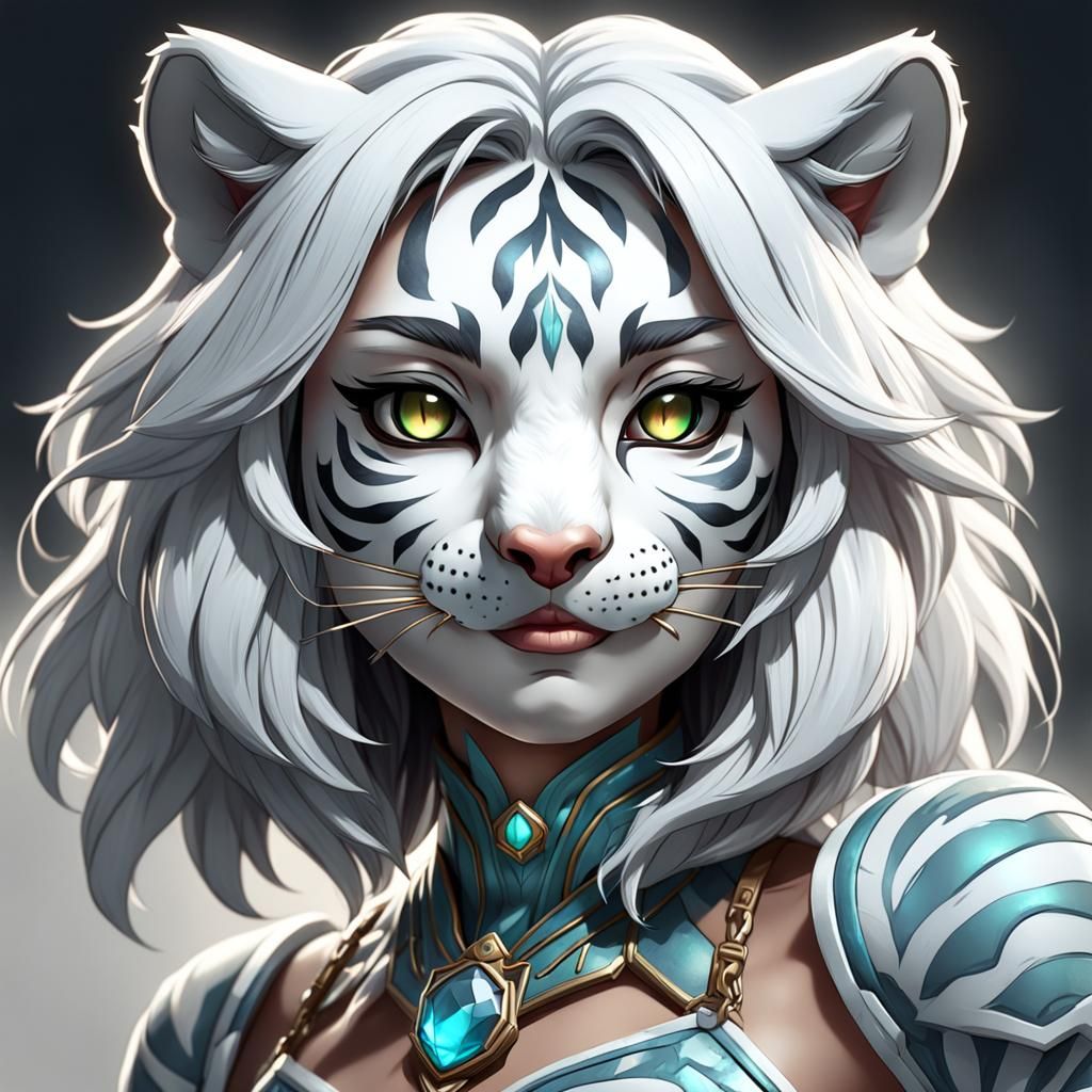 Hyperdetailed Chibi White Tiger Girl Portrait